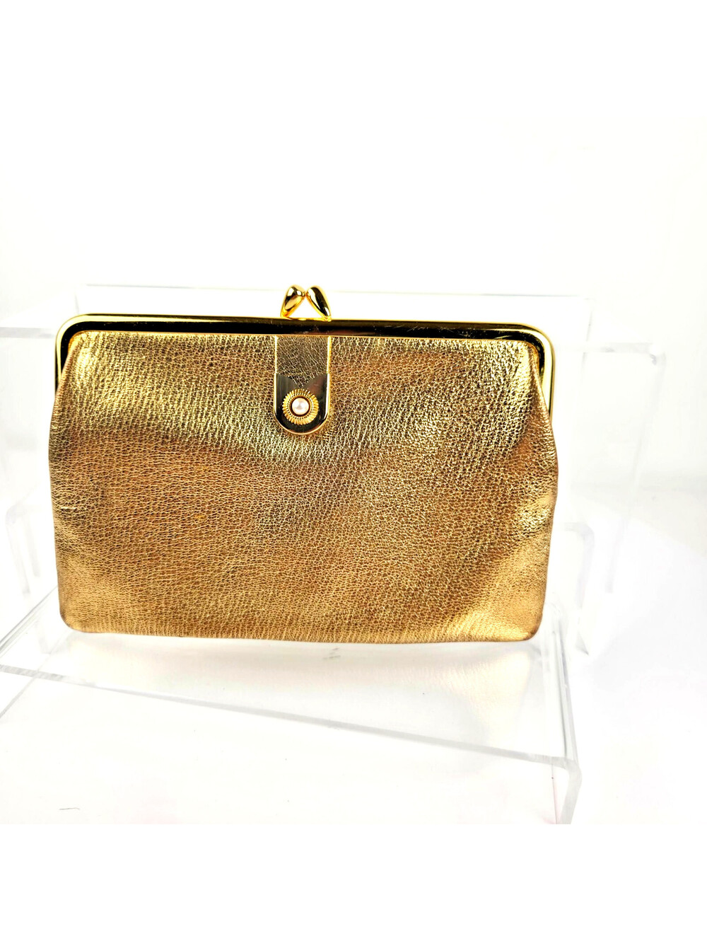 Gold Metallic Evening Clutch Pearl Accent Kiss Lock Formal Purse Vintage